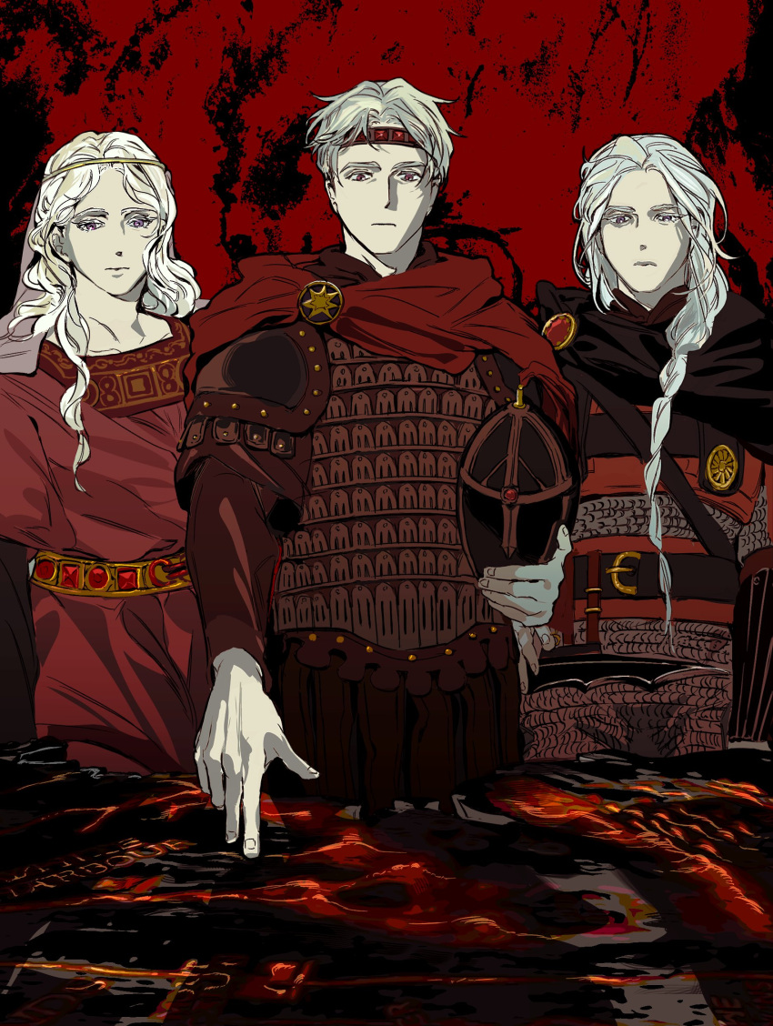 1boy, 2girls, a_song_of_ice_and_fire, absurdres, aegon_i_targaryen, armor, black_cloak, bow, braid, brother_and_sister, chainmail, circlet, cloak, closed_mouth, commentary, cowboy_shot, dress, english_commentary, ergosum_public, grey_hair, hair_over_shoulder, helmet, hetero, highres, holding, holding_unworn_helmet, husband_and_wife, long_hair, multiple_girls, parted_bangs, red_bow, red_cloak, red_dress, rhaenys_targaryen, short_hair, shoulder_armor, siblings, single_braid, sisters, unworn_headwear, unworn_helmet, violet_eyes, visenya_targaryen, wavy_hair