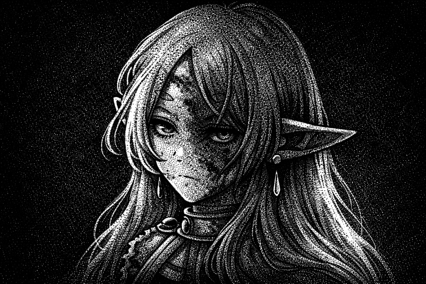 1girl, blood, blood_on_face, closed_mouth, earrings, elf, frieren, greyscale, jewelry, long_hair, monochrome, nocturnmachine, pointy_ears, scar, scar_on_face, solo, sousou_no_frieren, twintails, upper_body