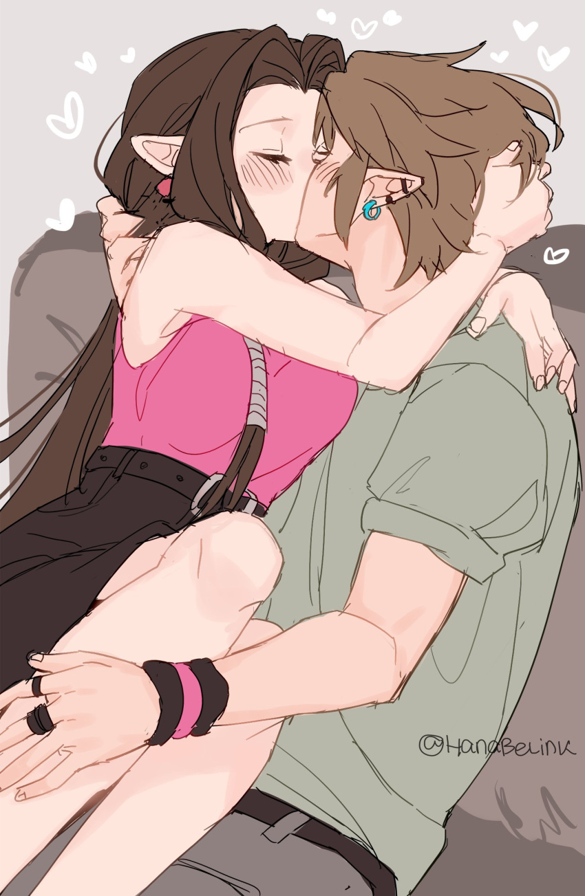 1boy, arms_around_neck, artist_name, bare_shoulders, blush, breasts, closed_eyes, commentary