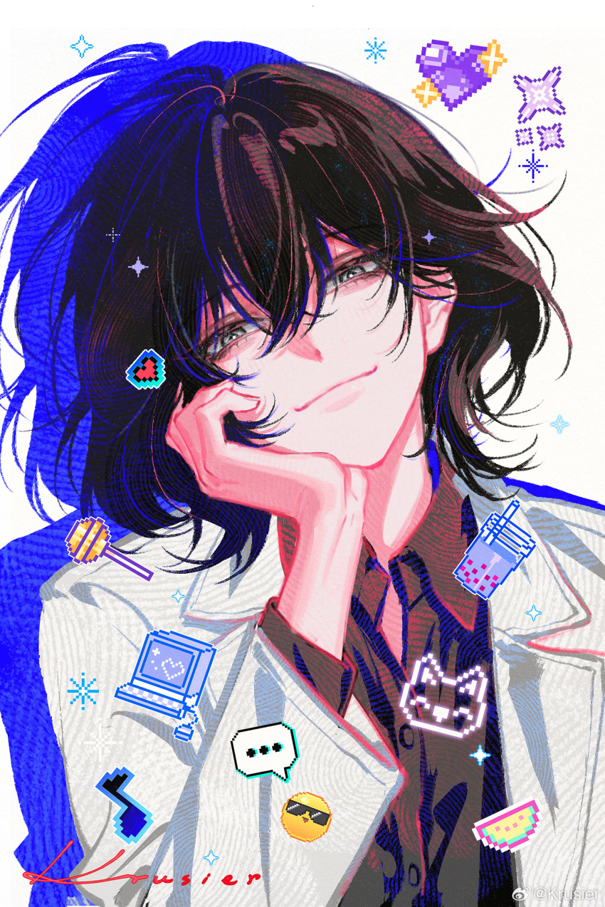 1girl, black_hair, black_shirt, buttons, candy, closed_mouth, coat, collared_shirt, drop_shadow, emoji, food, grey_eyes, hair_between_eyes, half-closed_eyes, han_sooyoung, han_sooyoung_(1863rd_turn), hand_on_own_cheek, hand_on_own_face, head_rest, head_tilt, heart, highres, krusier, lapels, lollipop, long_sleeves, looking_at_viewer, musical_note, notched_lapels, omniscient_reader's_viewpoint, open_clothes, open_coat, shirt, short_hair, signature, simple_background, smile, sparkle, upper_body, watermark, weibo_watermark, white_background, white_coat