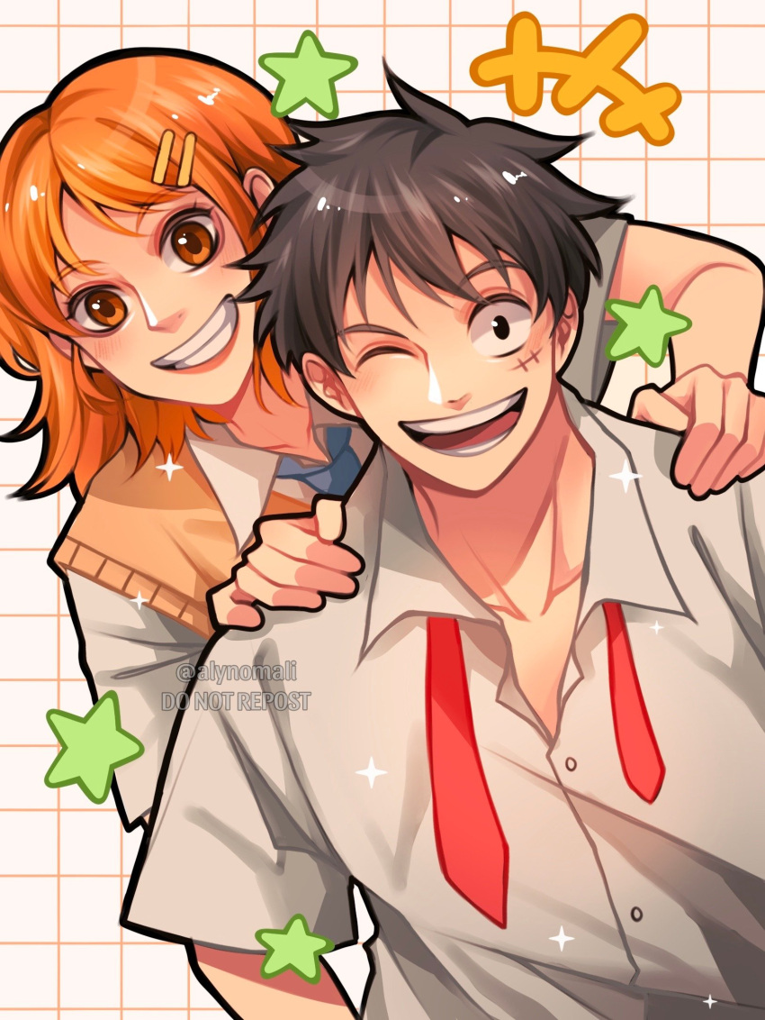 +++, 1boy, 1girl, alynomali, black_hair, blue_necktie, english_commentary, grid_background