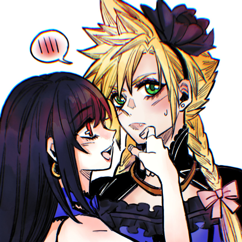 1boy, 1girl, bare_shoulders, black_hair, black_hairband, blonde_hair, blue_dress, blush