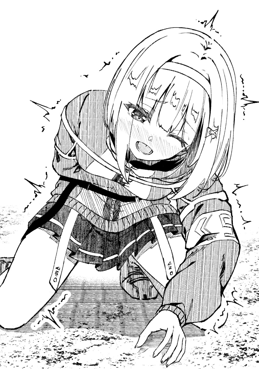 1girl, ;d, after_exercise, arm_under_breasts, aroused, blunt_bangs, blush, commentary