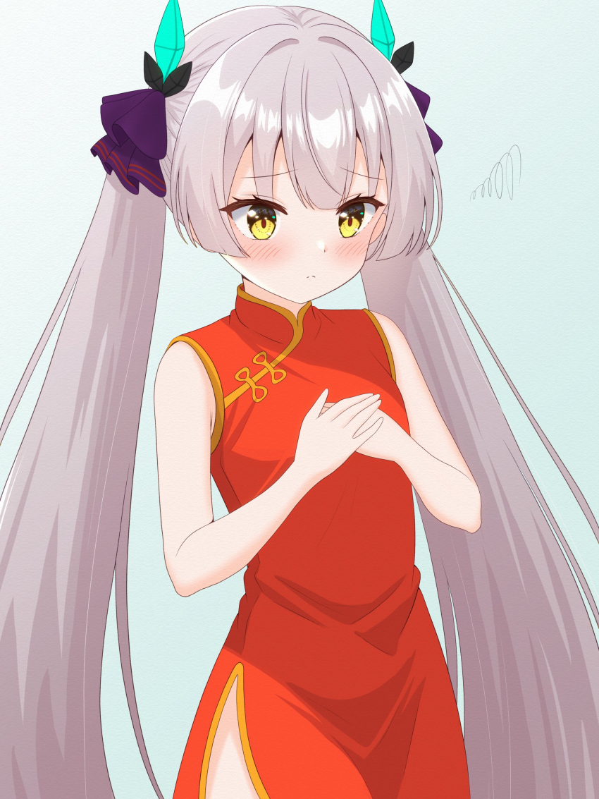 1girl, absurdres, alternate_costume, aqua_background, blunt_bangs, blunt_ends, blush, breast_conscious