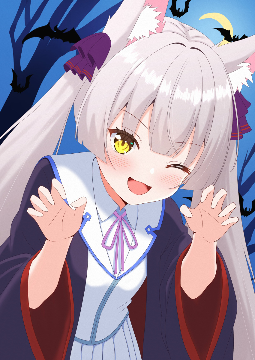1girl, absurdres, animal_ear_fluff, animal_ears, bare_tree, bat_(animal), black_robe, blunt_bangs
