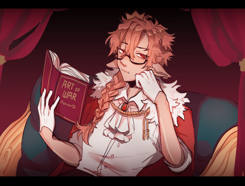 1boy, androgynous, animification, ascot, bishounen, blush, book, braid, brooch, cape, collared_shirt, commentary, couch, crown, curtains, draw_this_in_your_style_challenge, earrings, english_commentary, fur-trimmed_cape, fur_trim, glasses, gloves, gold_crown, hair_between_eyes, holding, holding_book, humanization, indoors, jewelry, letterboxed, long_hair, long_sleeves, looking_at_viewer, male_focus, minecraft_youtube, mini_crown, pink_hair, pointed_crown, pointy_ears, reclining, red_cape, red_eyes, shirt, side_braid, single_braid, solo, technoblade, the_art_of_war, tusks, white_ascot, white_gloves, white_shirt, xcrowe