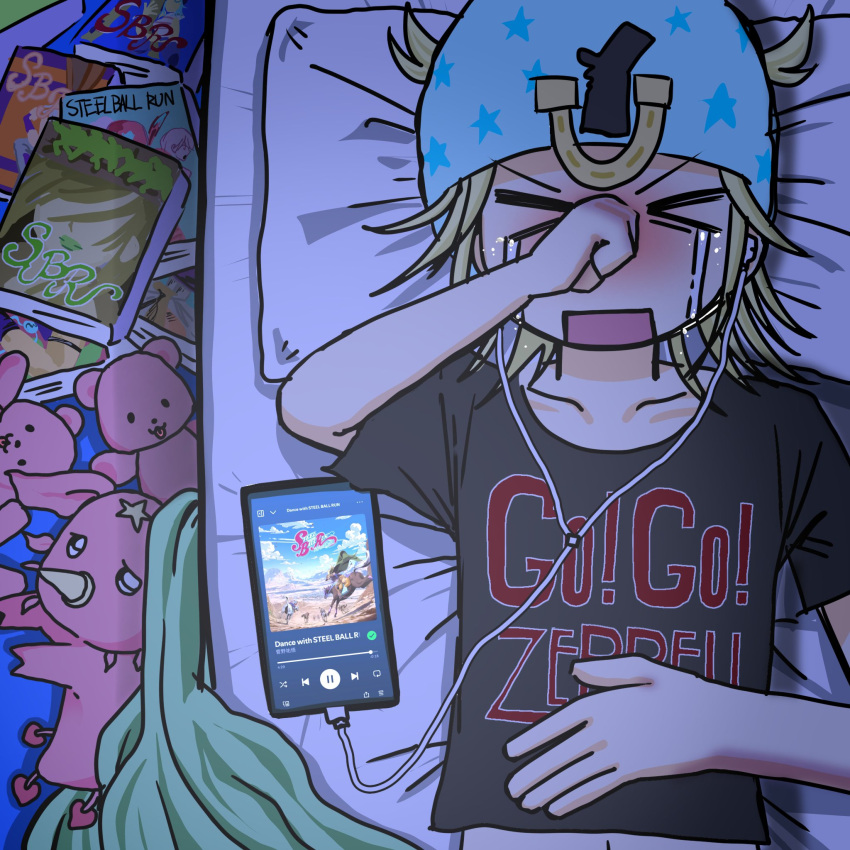 1boy, blonde_hair, crying, dixie_cup_hat, gyro_zeppeli, hat, headphones, heart_ornament