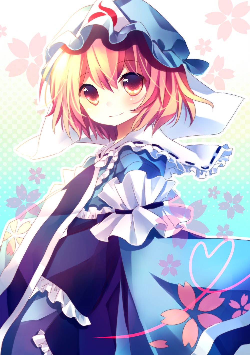 blue_dress, cherry_blossoms, dress, frills, ghost, hat, highres, kusa