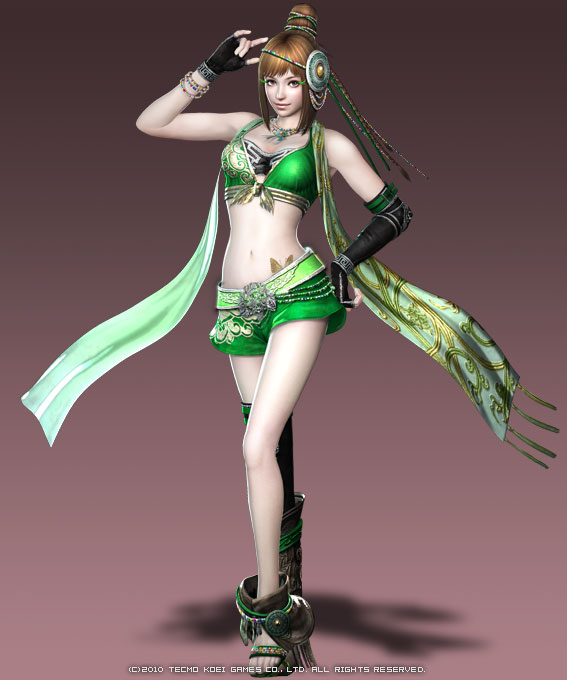 armor, armored, bao_san_niang, boots, brown_hair, cg, dynasty_warriors, female, gloves, human, jewelry, koei, midriff, sandals, sangoku_musou, scarf, shield, shorts, smile, solo, thigh-highs