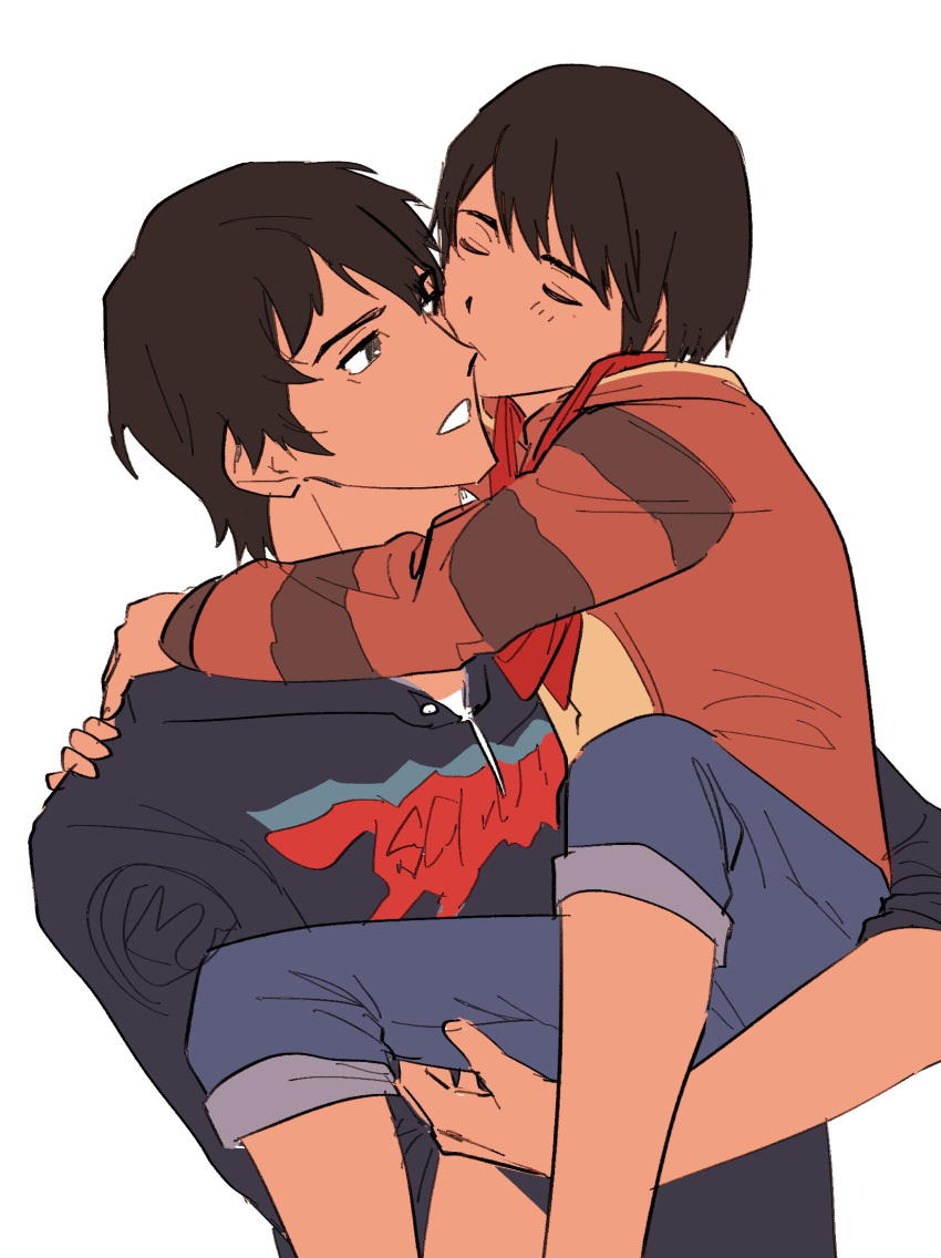 2boys, arms_around_neck, brothers, brown_hair, carrying, carrying_person, closed_eyes, commentary_request