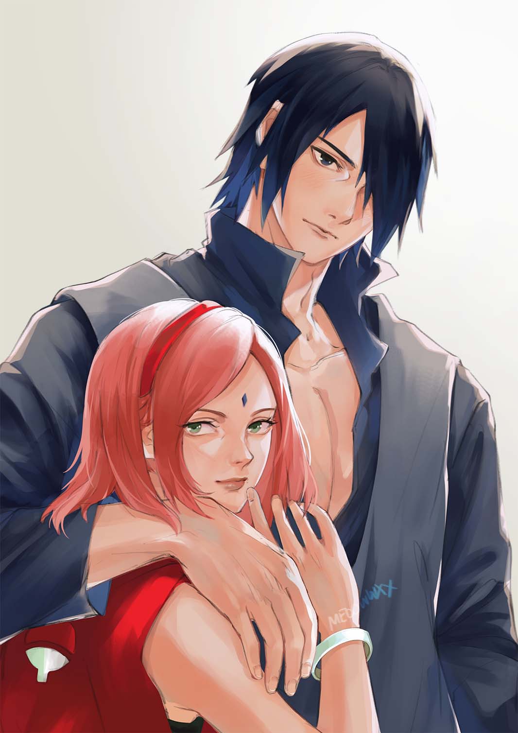 1boy, 1girl, arm_around_neck, artist_name, black_hair, black_robe, black_shirt, boruto:_naruto_next_generations