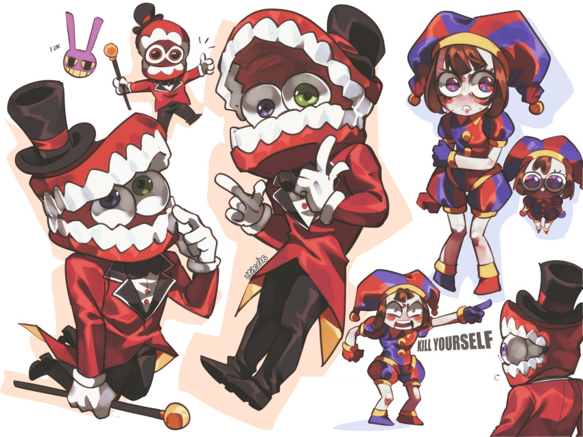 1girl, 2boys, addy_(@vegeebs), asymmetrical_gloves, black_hat, blue_eyes, blue_gloves, brown_hair, caine_(the_amazing_digital_circus), cane, coat, commentary, english_commentary, gloves, green_eyes, hat, heterochromia, highres, holding, holding_cane, jax_(the_amazing_digital_circus), mismatched_gloves, multicolored_eyes, multiple_boys, pointing, pomni_(the_amazing_digital_circus), red_coat, red_eyes, red_gloves, short_hair, the_amazing_digital_circus, top_hat, two-tone_eyes, white_gloves