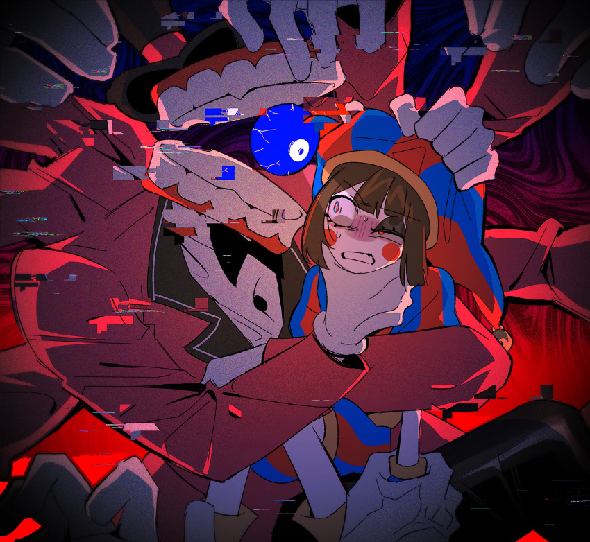 1boy, 1girl, black_bow, black_bowtie, blue_eyes, blue_sclera, bow, bowtie