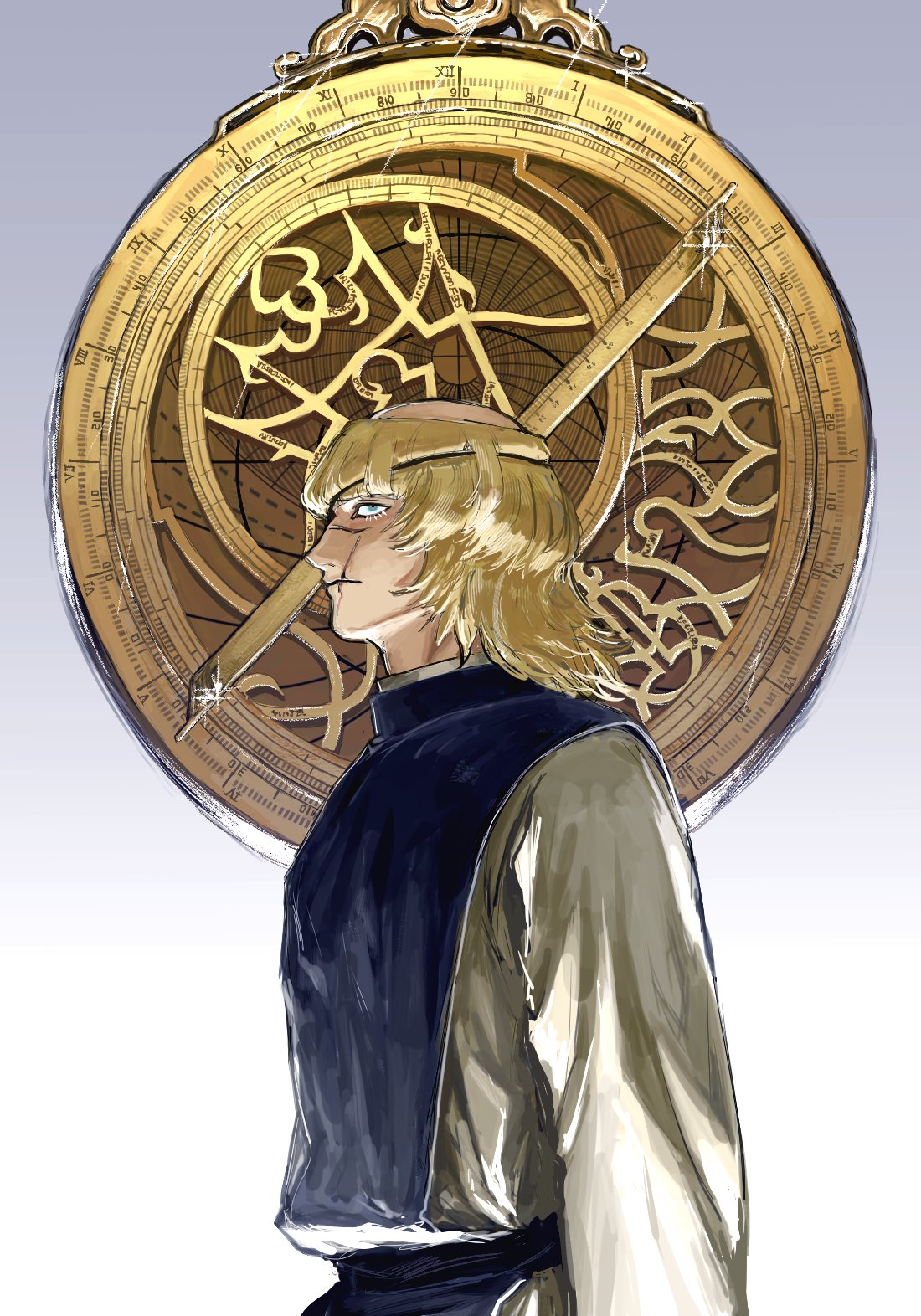 1boy, astrolabe, badeni, black_tabard, blonde_hair, blue_eyes, chi.:_chikyuu_no_undou_ni_tsuite, commentary_request