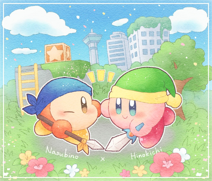 2boys, bandana, bandana_waddle_dee, blue_bandana, blue_eyes, blue_sky, brown_eyes, closed_mouth