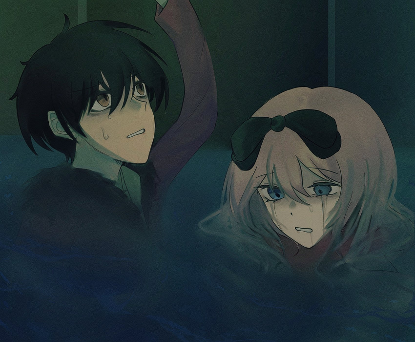 1boy, 1girl, afloat, bags_under_eyes, black_bow, black_hair, blonde_hair, blue_eyes