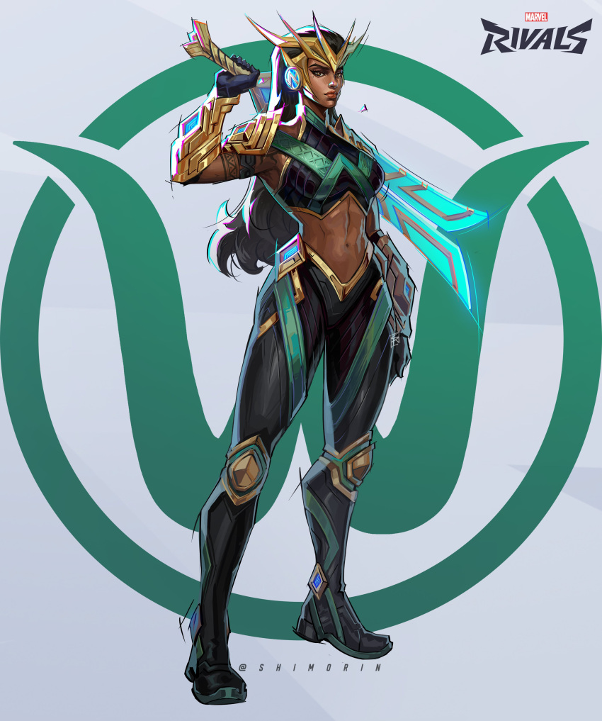 1girl, absurdres, agents_of_atlas, arm_tattoo, armor, black_gloves, black_hair, black_pants, brown_eyes, commentary, crop_top, dark-skinned_female, dark_skin, english_commentary, full_body, gloves, glowing, glowing_sword, glowing_weapon, gold_headdress, highres, holding, holding_behind_back, holding_sword, holding_sword_behind_back, holding_weapon, holding_weapon_behind_back, knee_pads, long_hair, looking_at_viewer, marvel, marvel_rivals, marvel_rivals_(style), midriff, mole, mole_under_eye, navel, pants, pauldrons, shim0rin, shoulder_armor, solo, superhero_costume, sword, tattoo, toned, toned_female, twitter_username, wave_(marvel), weapon