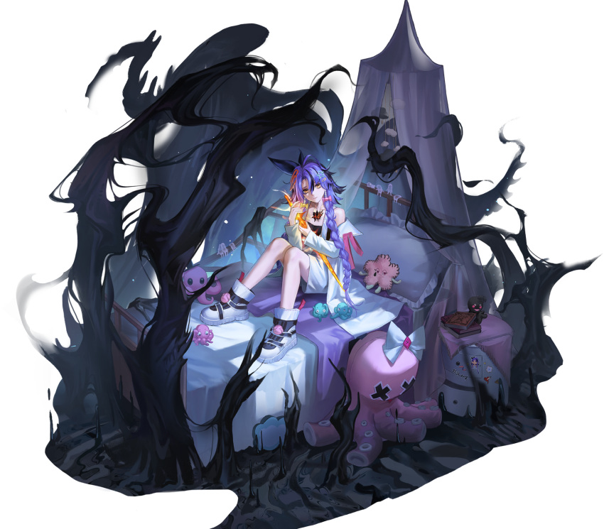 1girl, artist_request, backpack, bag, bed, book, braid, candy_earrings, character_patch, hair_between_eyes, hair_ornament, highres, holding, holding_sword, holding_weapon, long_hair, mess_(path_to_nowhere), off_shoulder, official_art, on_bed, patch, path_to_nowhere, pillow, purple_hair, shoes, star_(symbol), star_hair_ornament, stuffed_animal, stuffed_toy, sword, twin_braids, weapon, white_shoes, yellow_eyes
