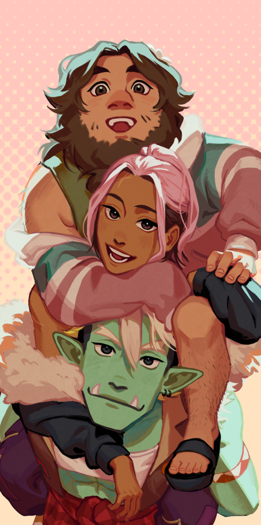 1boy, 1girl, 1other, absurdres, blonde_hair, commentary, dark-skinned_female, dark_skin