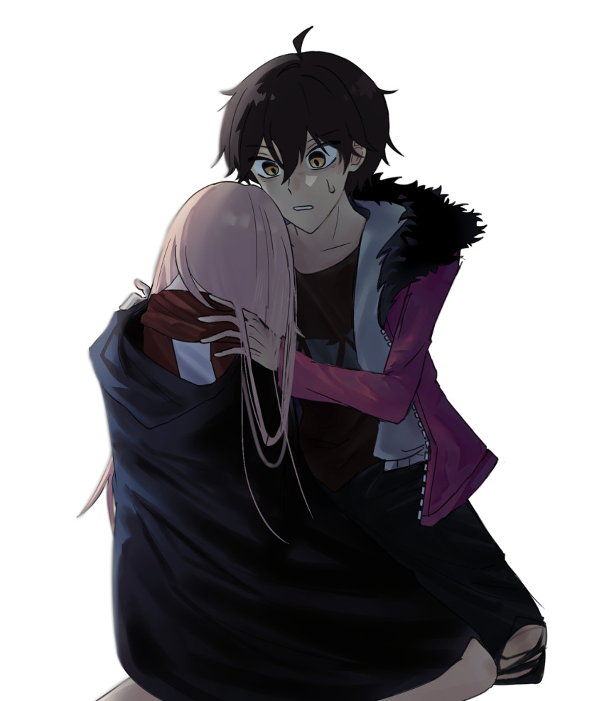 1boy, 1girl, bare_legs, black_hair, black_hoodie, black_shirt, blonde_hair, collarbone, death, fluffy_collar, hands_on_another's_shoulders, head_down, highres, hood, hoodie, jacket, kim_roolu, kneeling, lacie_(paper_lily), long_hair, looking_at_another, missing_legwear, open_clothes, open_mouth, pants, paper_lily, sai_(paper_lily), shirt, short_hair, sweat, sweatdrop, sweater, torn_clothes, torn_pants, white_background, white_jacket, white_sweater, yellow_eyes