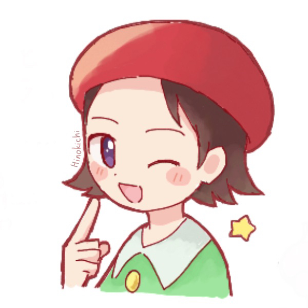1girl, :d, adeleine, beret, black_hair, blue_eyes, blush_stickers, commentary_request, cropped_torso, green_shirt, hat, index_finger_raised, kirby_(series), looking_at_viewer, one_eye_closed, open_mouth, red_hat, ro2noki, shirt, short_hair, simple_background, smile, solo, star_(symbol), white_background