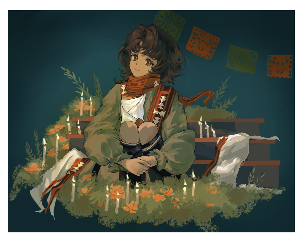 1girl, black_boots, black_hair, blue_background, boots, bush, candle, dark-skinned_female