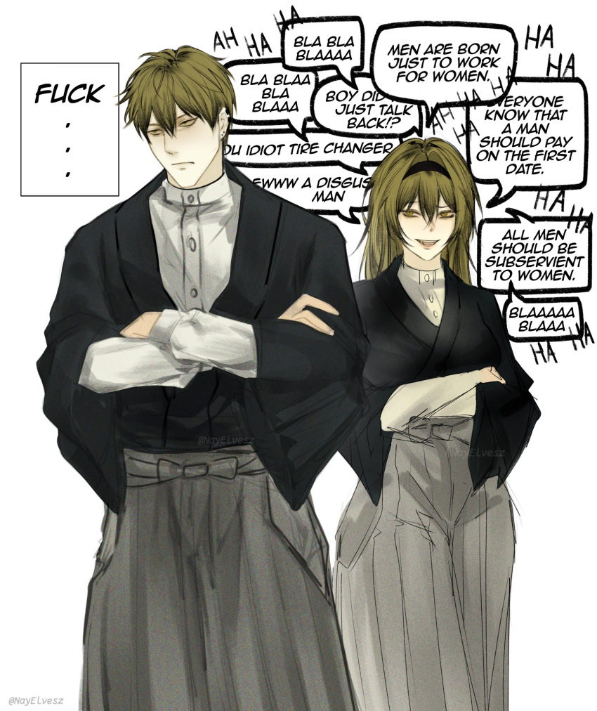 1boy, 1girl, annoyed, black_kimono, brown_hair, commentary, cowboy_shot, crossed_arms, dual_persona, english_commentary, english_text, genderswap, genderswap_(mtf), hair_intakes, hairband, hakama, hakama_pants, highres, japan, japanese_clothes, jujutsu_kaisen, kimono, long_hair, nayelvesz, open_mouth, pants, shirt_under_kimono, simple_background, speech_bubble, standing, zen'in_naoya