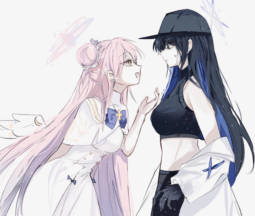 2girls, bare_shoulders, baseball_cap, black_hair, black_hat, black_pants, black_shirt, blue_archive