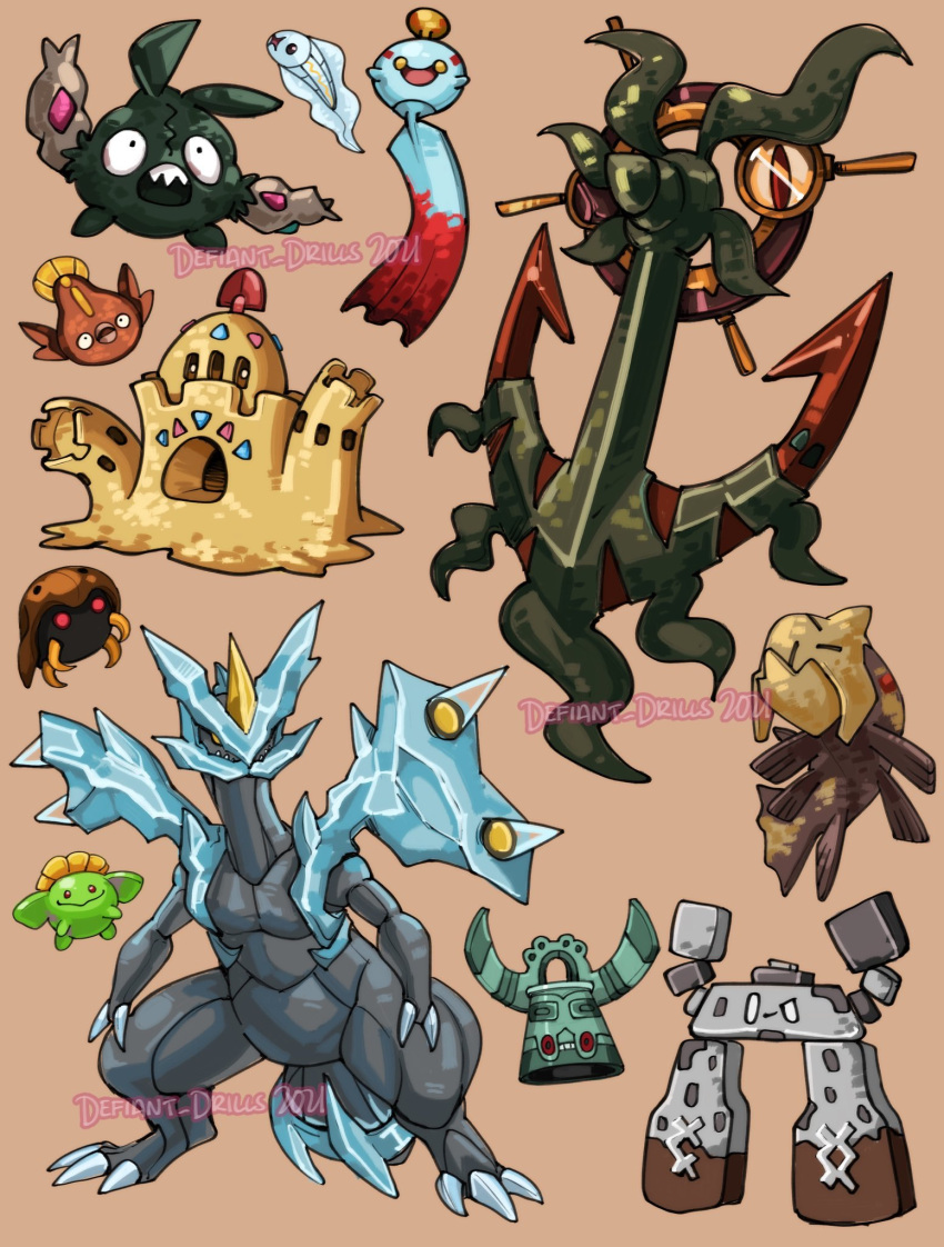 =_=, anchor, arms_up, artist_name, bronzong, chimecho, claws, closed_eyes