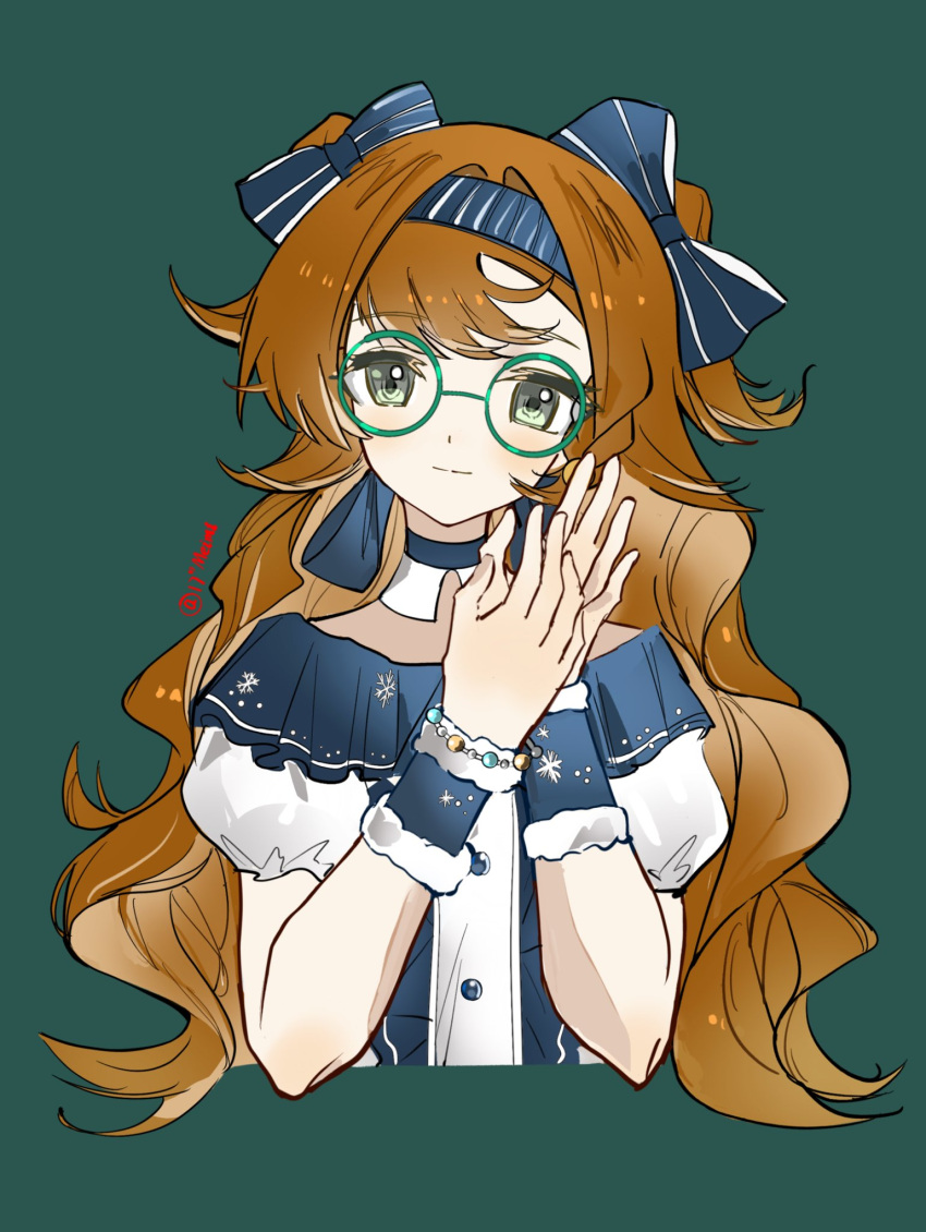 1girl, alternate_costume, blue_bow, blue_hairband, bow, cropped_torso, glasses, green-framed_eyewear