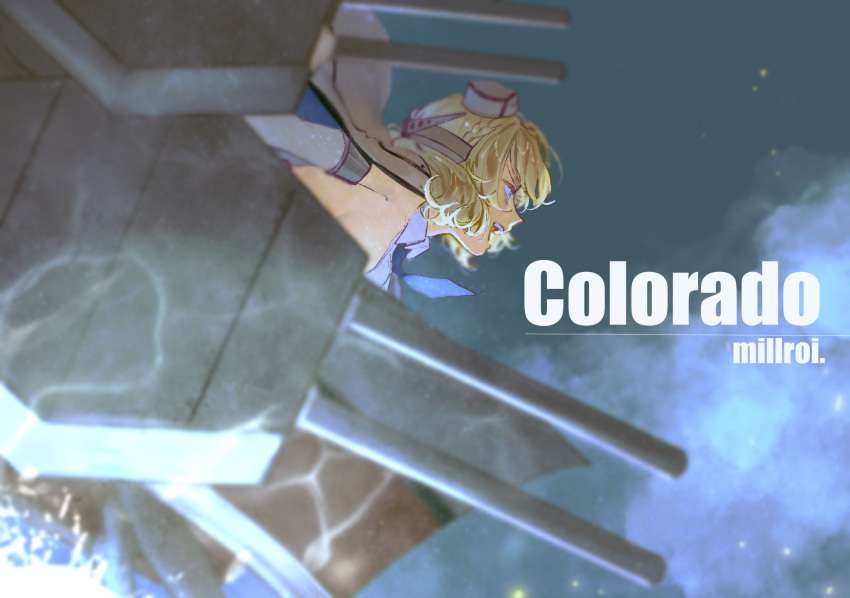 1girl, artist_name, blonde_hair, blue_eyes, character_name, colorado_(kancolle), commentary_request, garrison_cap, hat, highres, kantai_collection, millroi1000, off_shoulder, open_mouth, profile, ship_turret, short_hair, smile, solo, teeth, upper_teeth_only