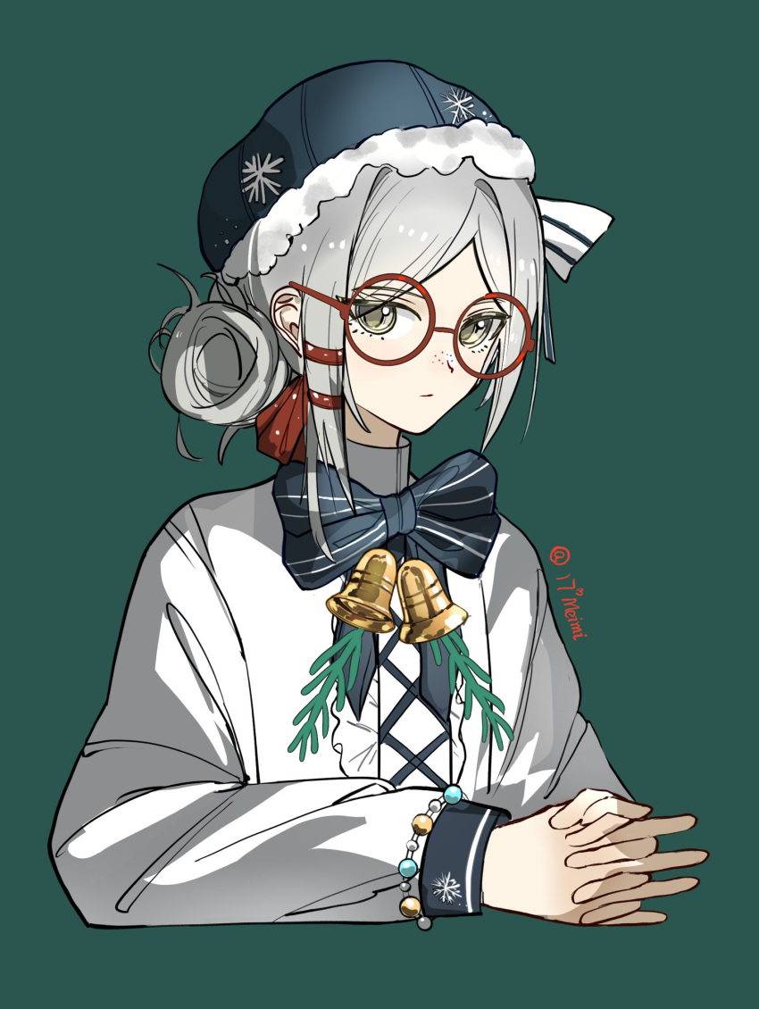 1girl, :/, alternate_costume, bell, blue_bow, blue_bowtie, blue_hat, bow, bowtie, cropped_torso, freckles, glasses, green_background, grey_hair, hair_bun, hat, highres, interlocked_fingers, neck_bell, own_hands_together, red-framed_eyewear, reverse:1999, round_eyewear, seventeen_meimi, shirt, short_hair, single_side_bun, solo, upper_body, vertin_(reverse:1999), white_shirt