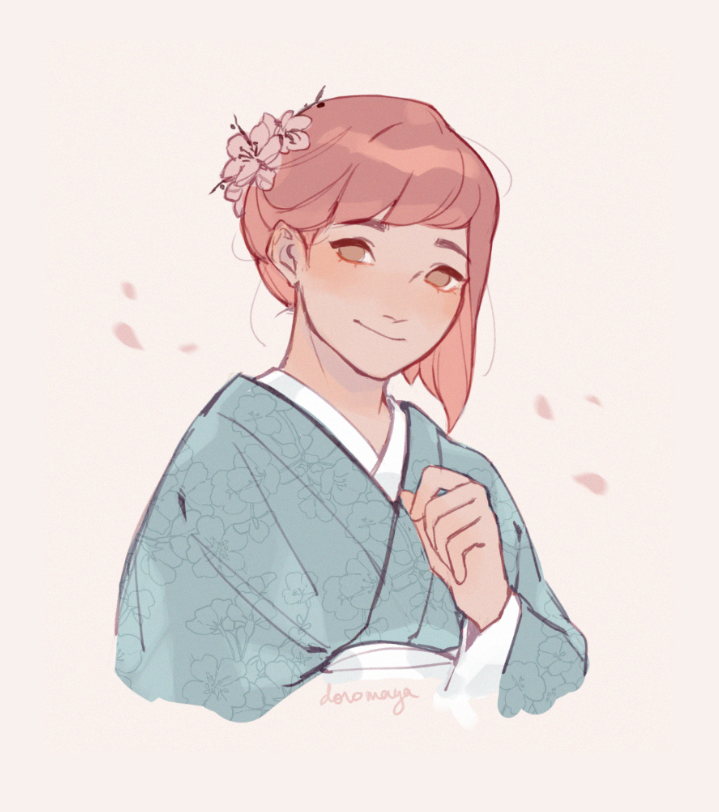 1girl, alternate_costume, blue_kimono, closed_mouth, doromaya, fire_emblem, fire_emblem_fates, japanese_clothes, kimono, looking_at_viewer, pink_eyes, pink_hair, sakura_(fire_emblem), smile, upper_body