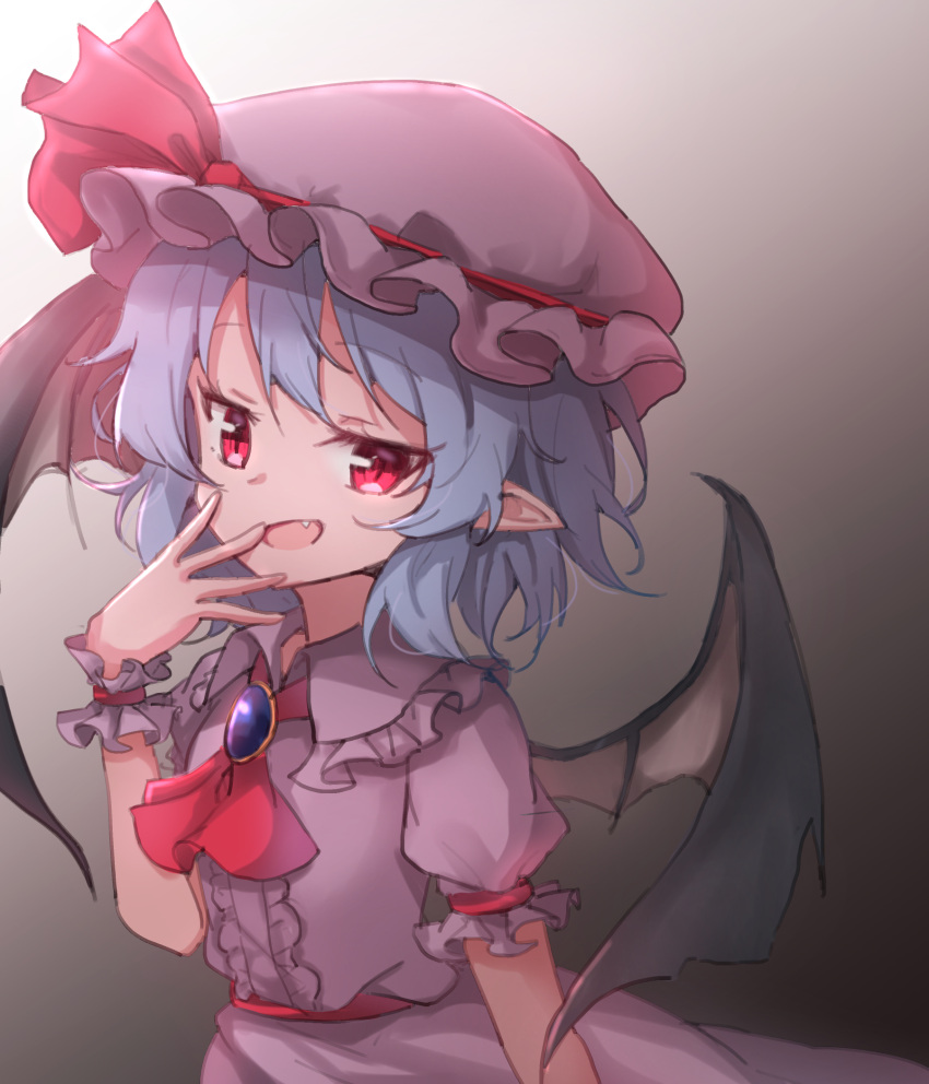 1girl, ascot, bat_wings, black_wings, blue_hair, brooch, center_frills, commentary_request