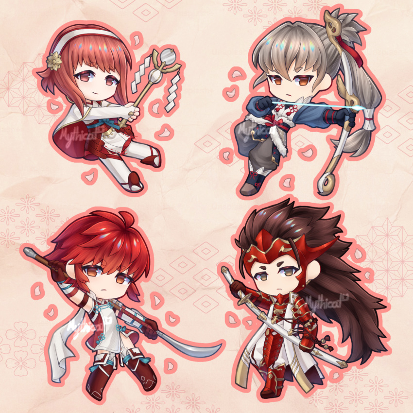 2boys, 2girls, ahoge, armor, brown_eyes, fire_emblem, fire_emblem_fates, grey_hair