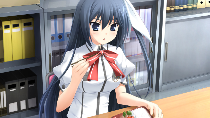 black_hair, blue_eyes, food, game_cg, ikegami_akane, long_hair, saran_takamizawa, seifuku, with_ribbon