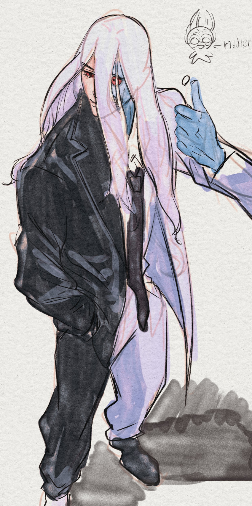 1boy, absolute_batman, absolute_dc, absurdres, batman_(series), ch1sbu, coin, commentary_request, contrast, dc_comics, highres, jacket, korean_commentary, long_hair, male_focus, multicolored_jacket, multicolored_suit, polar_opposites, split_theme, two-face_(absolute_dc), two-tone_jacket, two-tone_shirt, white_hair