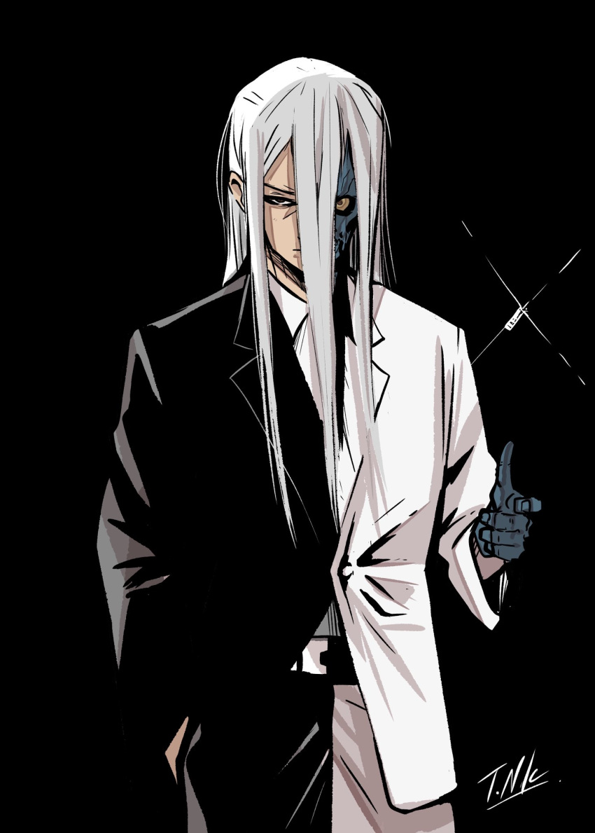 1boy, absolute_batman, absolute_dc, coin, commentary_request, contrast, dc_comics, highres, jacket, long_hair, male_focus, multicolored_jacket, multicolored_suit, polar_opposites, split_theme, tanabatman, two-face_(absolute_dc), two-tone_jacket, two-tone_shirt, white_hair