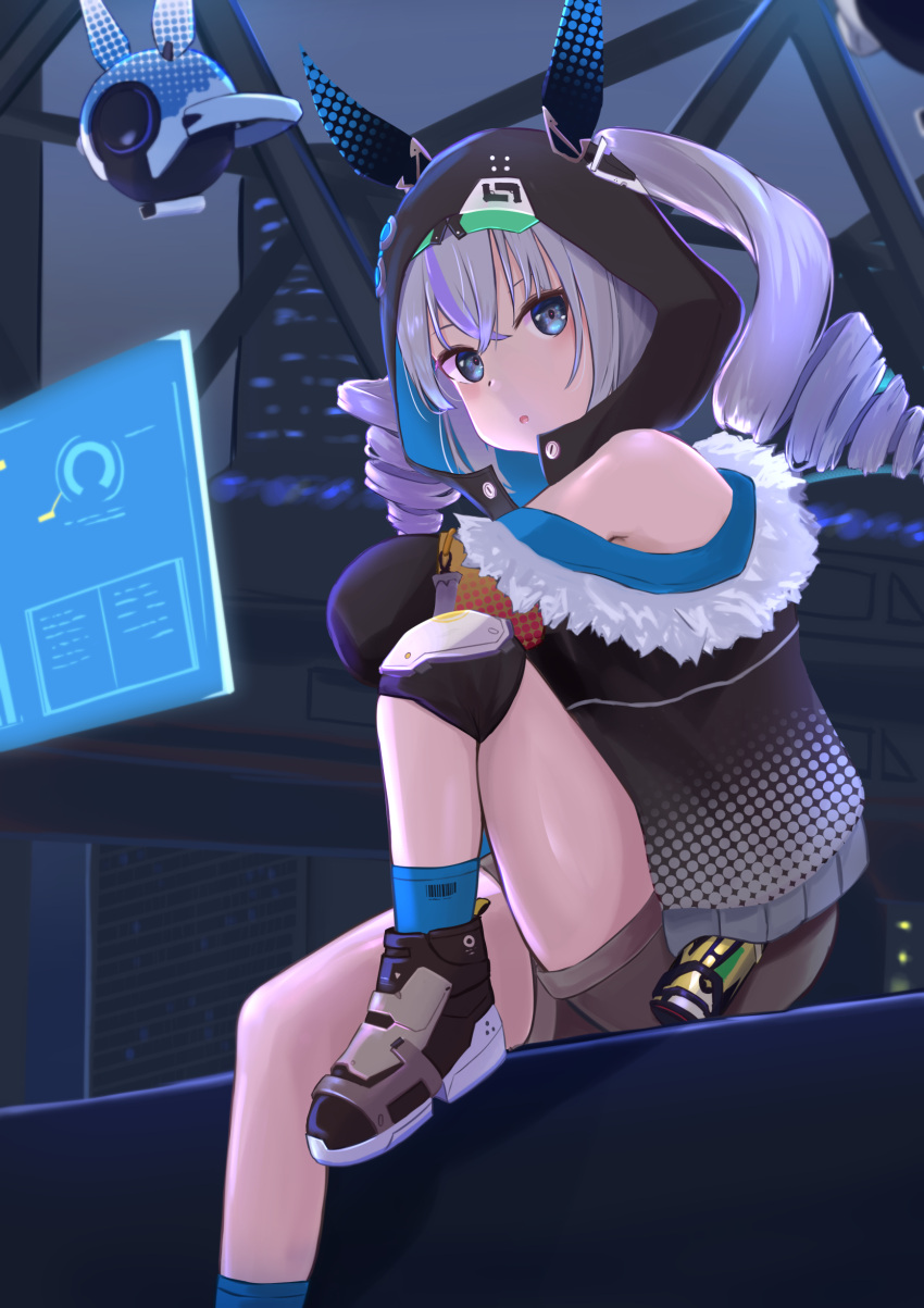 1girl, absurdres, black_jacket, black_shoes, black_shorts, blue_socks, bronya_zaychik, bronya_zaychik_(haxxor_bunny)