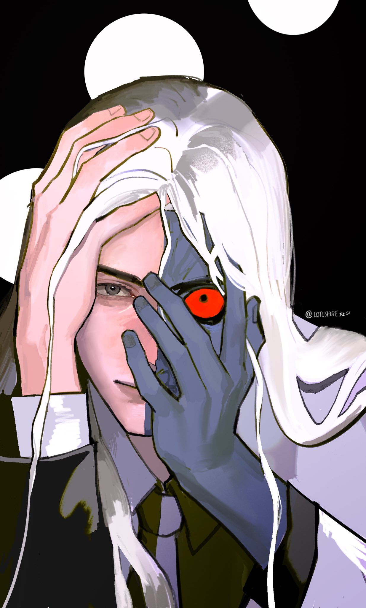 1boy, absolute_batman, absolute_dc, collared_shirt, colored_sclera, dc_comics, grey_eyes, hand_on_own_face