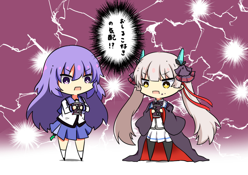 2girls, angel_beats!, black_ribbon, black_thighhighs, blue_skirt, blunt_bangs, blunt_ends, bright_pupils