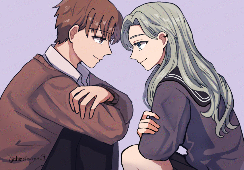 1boy, 1girl, azuma_shino_(seihatanai_na_kimi_to_boku), black_pants, black_skirt, blue_eyes, brown_eyes, brown_sweater