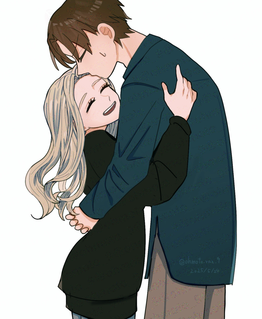 1boy, 1girl, absurdres, artist_name, azuma_shino_(seihatanai_na_kimi_to_boku), black_shirt, blonde_hair, brown_pants