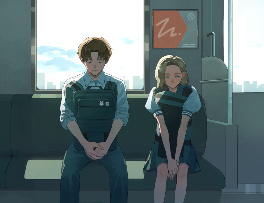 1boy, 1girl, absurdres, azuma_shino_(seihatanai_na_kimi_to_boku), backpack, bag, black_pants, black_skirt