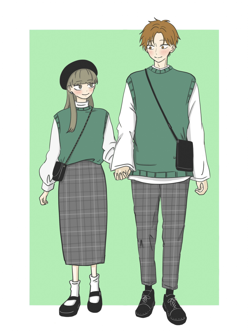 1boy, 1girl, absurdres, amamiya_minato_(koori_no_jouheki), bag, black_hat, black_shoes, blush