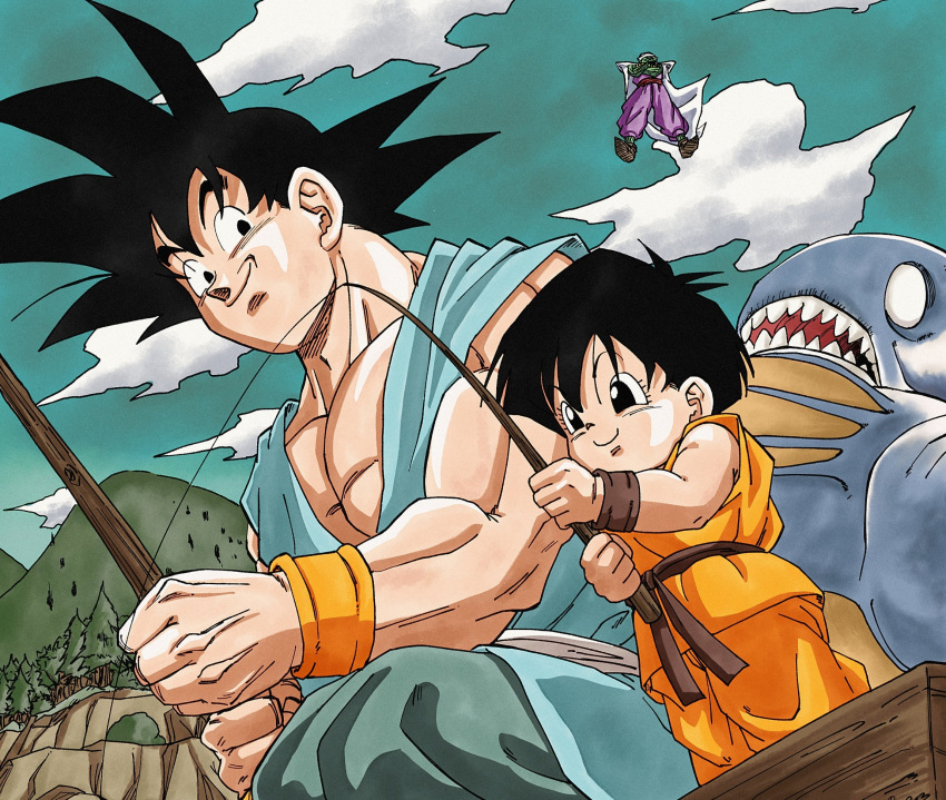 1girl, 2boys, black_hair, blue_tunic, child, commentary_request, dougi, dragon_ball