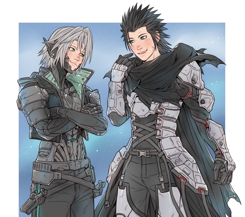 2boys, aqua_eyes, black_cloak, black_hair, black_jacket, black_pants, blue_background, border