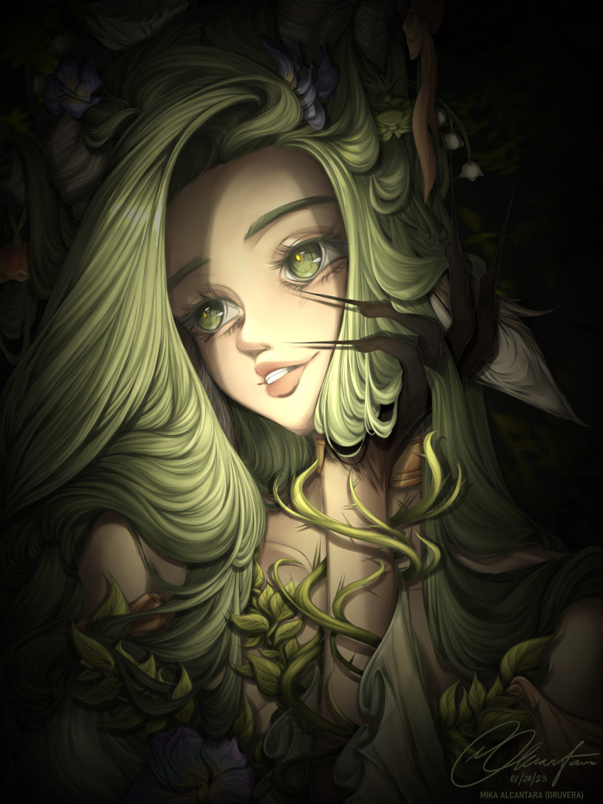 1girl, absurdres, animal_ears, bare_shoulders, critical_role, druid, druvera, dungeons_&amp;_dragons, fearne_(critical_role), fingernails, flower, green_eyes, green_hair, hair_flower, hair_ornament, highres, long_fingernails, long_hair, satyr, teeth, thorns
