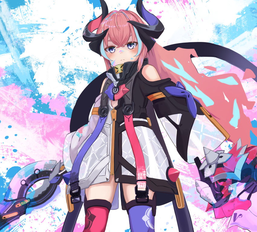 1girl, absurdres, asymmetrical_legwear, blue_eyes, blue_thighhighs, delta_(honkai_impact), dress, dual_wielding