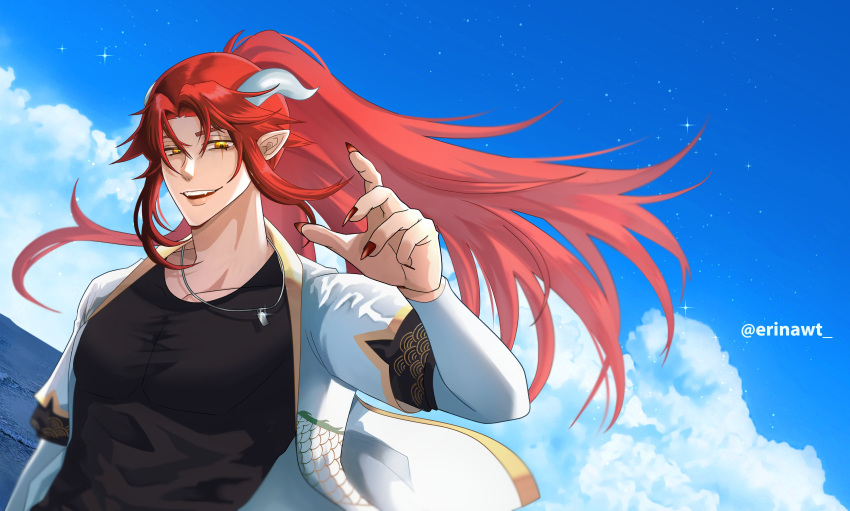 1boy, absurdres, black_shirt, clouds, commentary, dragon_boy, dragon_horns, erinawt